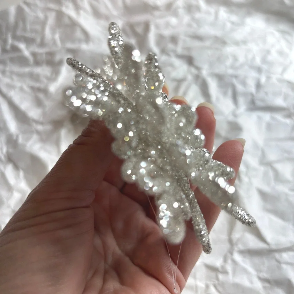 Crate & Barrel Snowflake Ornaments Set of 3 Silver NEW Glitter Dimensional 3in